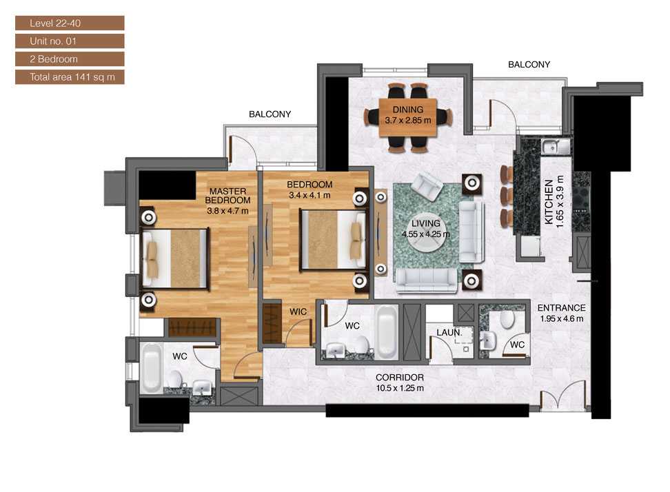 Level-22-40,Unit-no-1-,2-Bedroom-,Size-141-Sq m